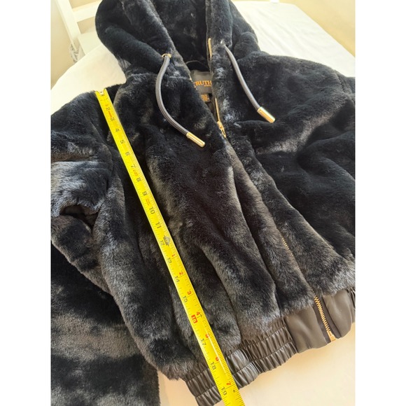 Truth by Republic Black Faux Fur Hooded Bomber Jacket Gold Zip XS NEW - Picture 8 of 9